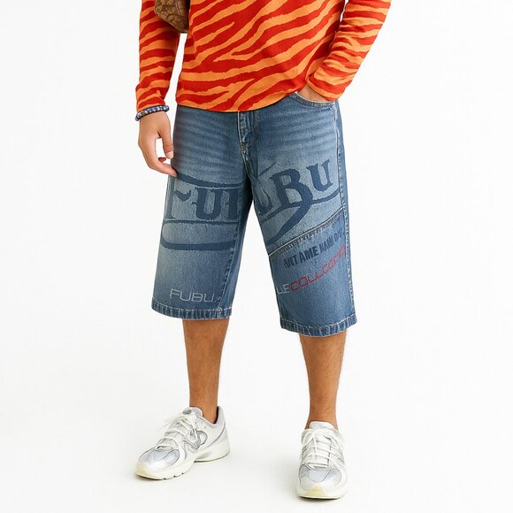 VTG FUBU Collection X Ford Denim Shorts Mens 29X17 Blue Logo Sporty Jorts Y2K - Picture 3 of 12